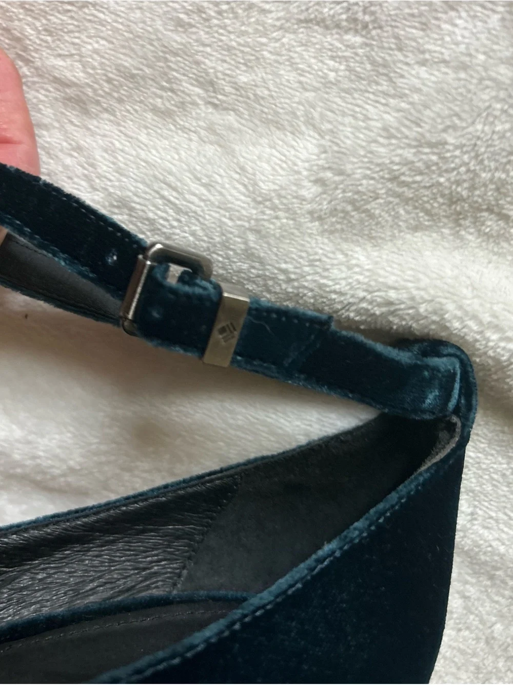 7 For All Mankind Deep Teal Velvet Ankle-Strap Wedge Heels Size 9